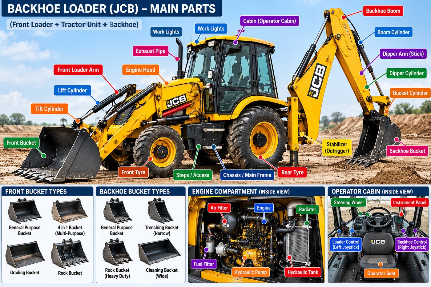 Labelled main parts of a backhoe loader (JCB) — front loader arm and bucket, backhoe boom, dipper arm, stabilizers, cabin