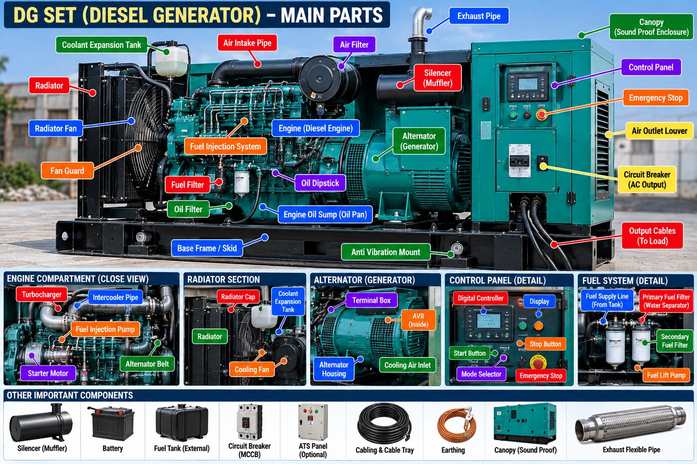 Labelled main parts of a diesel generator set — engine, alternator, radiator, control panel, fuel system, canopy
