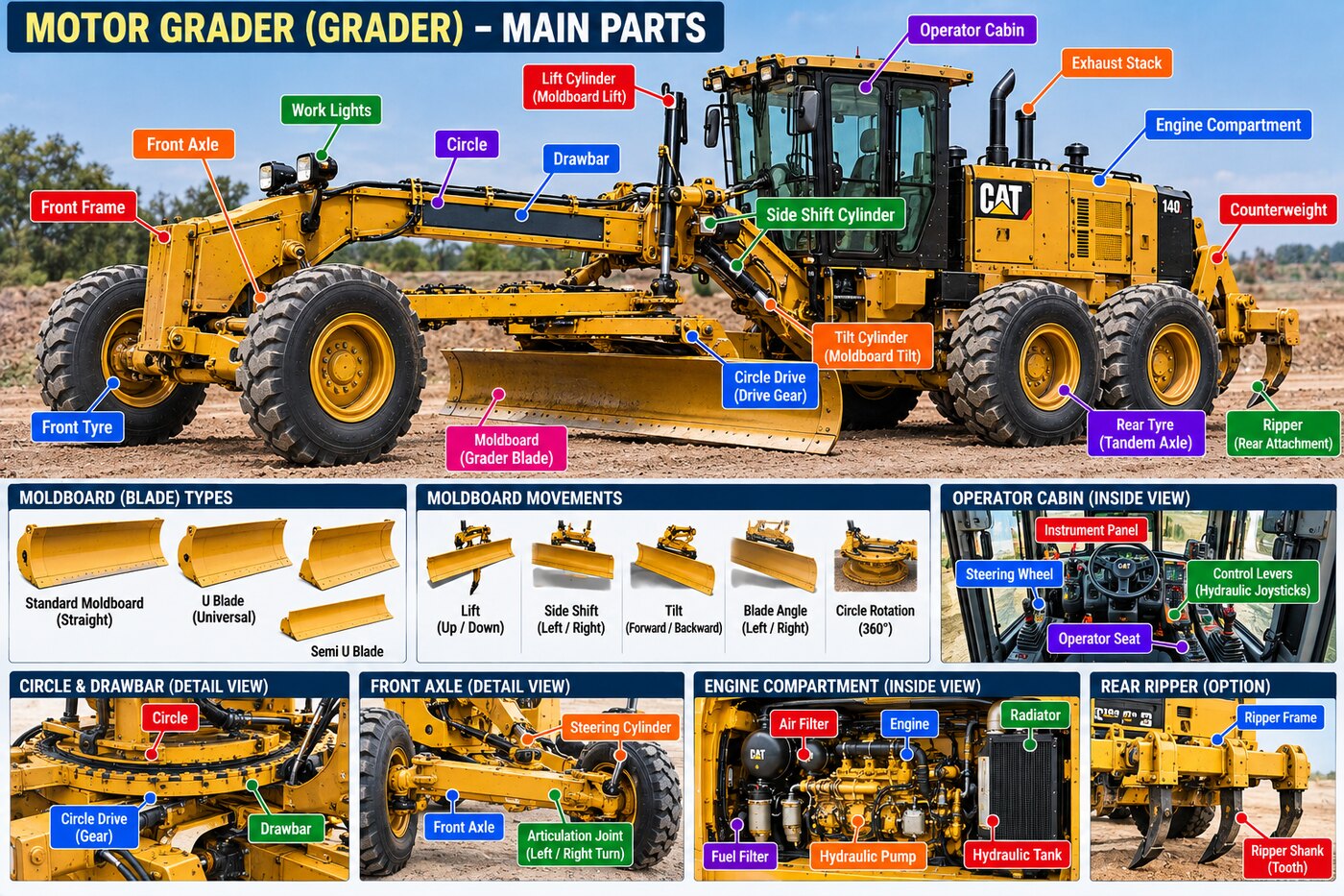 Labelled main parts of a motor grader — moldboard, circle, drawbar, cylinders, front axle, tandem rear axle, ripper