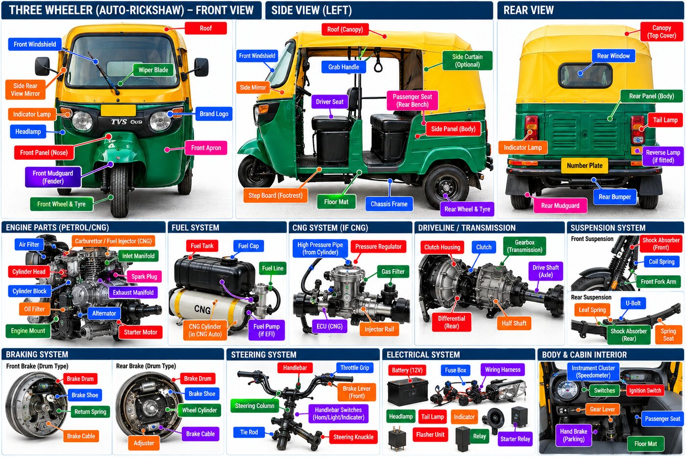 Labelled parts of a three-wheeler auto-rickshaw — body, engine (petrol/CNG), CNG system, driveline, suspension, brakes and electrical