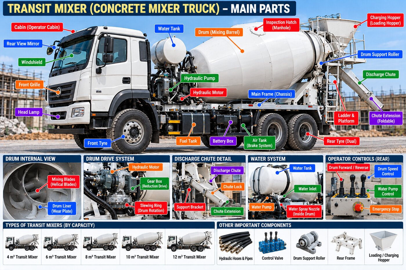 Labelled main parts of a transit mixer / concrete mixer truck — drum, mixing blades, drum drive, charging hopper, discharge chute