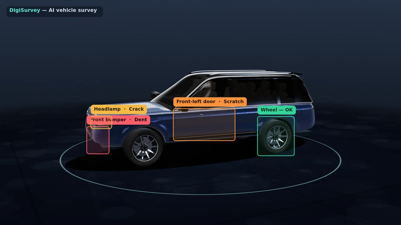 AI vehicle damage scan running on an SUV in an inspection bay, with damage markers on the bumper, headlamp and door (sample)