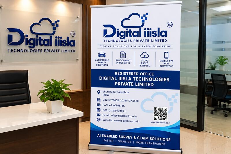 The Digitaliiisla Technologies Private Limited registered office in Rajasthan — reception with the company wall sign and a product information banner.