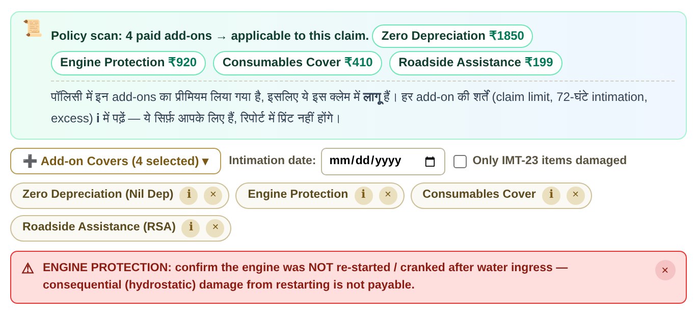 Policy scan result: four paid add-ons (Zero Depreciation, Engine Protection, Consumables, RSA) marked applicable, with a bilingual English–Hindi note for the surveyor