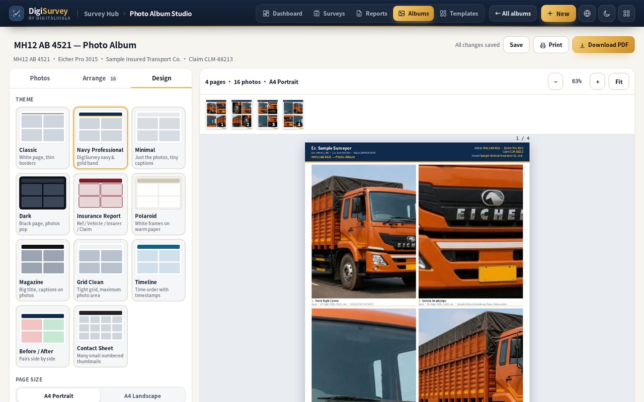 Photo Album Studio with the Design tab: eleven album themes such as Navy Professional and Insurance Report, and a live A4 page preview of captioned truck photos (sample data)