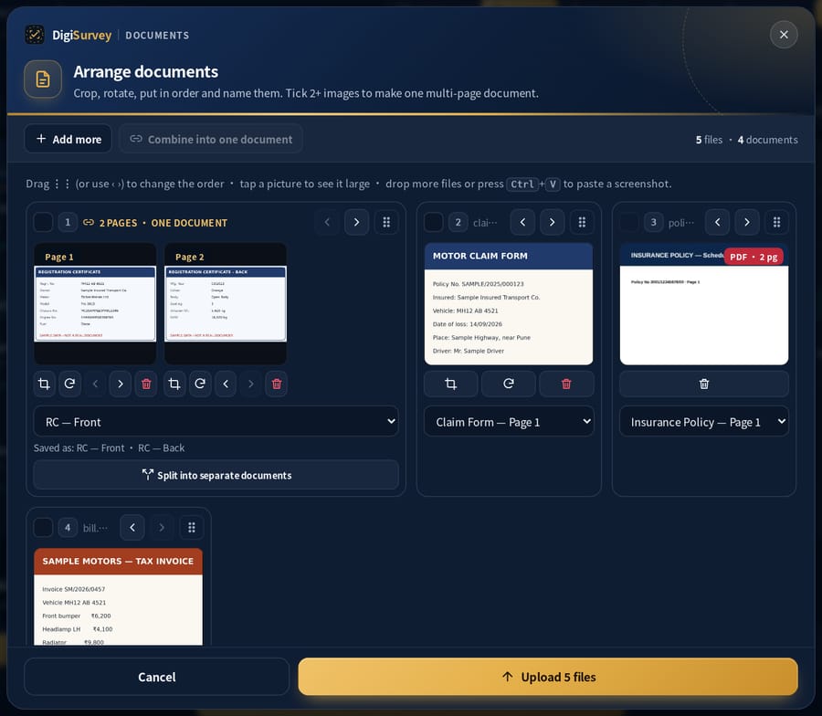 Arrange documents sheet: RC front and back combined into one two-page document, claim form, a two-page policy PDF and a repair invoice, each with its document type (sample data)