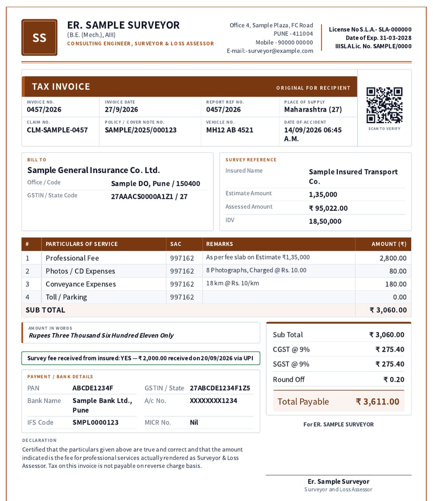 One-page tax invoice on the surveyor letterhead with QR, bill-to and survey reference, fee rows with SAC codes, CGST and SGST, total payable and a survey fee received from insured line (sample data)