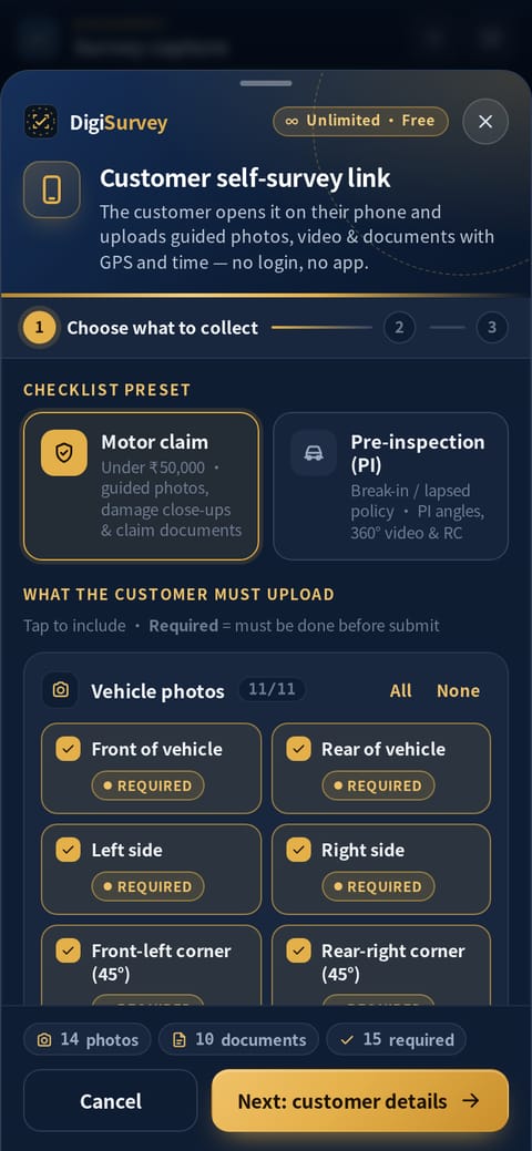 Customer self-survey link on a phone: Motor claim and Pre-inspection presets, a checklist of required vehicle angles (front, rear, left, right, 45° corners), and GPS and time on each photo — no login, no app (sample data)