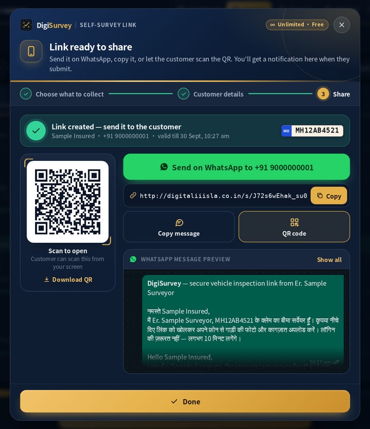 Link ready to share: QR code to scan, Send on WhatsApp button, copy link and a Hindi and English WhatsApp message preview for the vehicle owner (sample data)