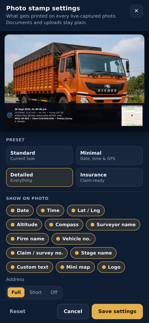 Photo stamp settings on a phone: live preview of a stamped truck photo with date, GPS, address, claim and a mini map, and the four presets (sample data)