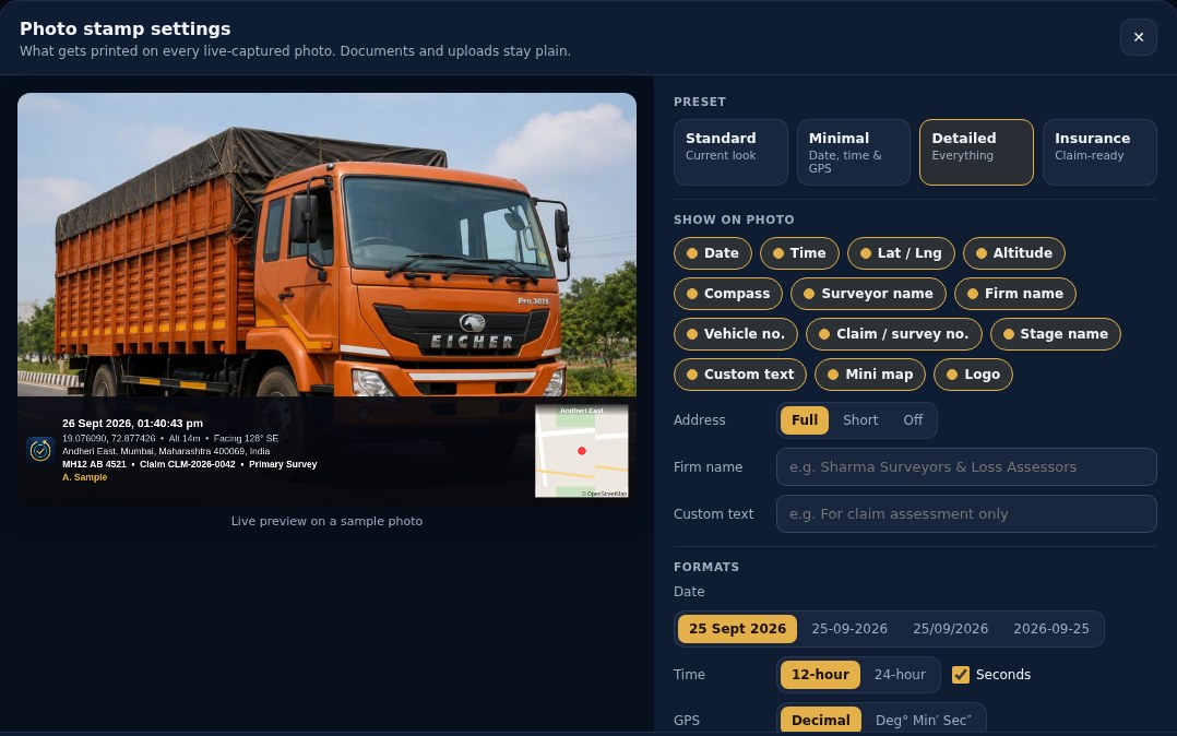 Photo stamp settings with a live stamped truck preview and the Standard, Minimal, Detailed and Insurance presets (sample data)