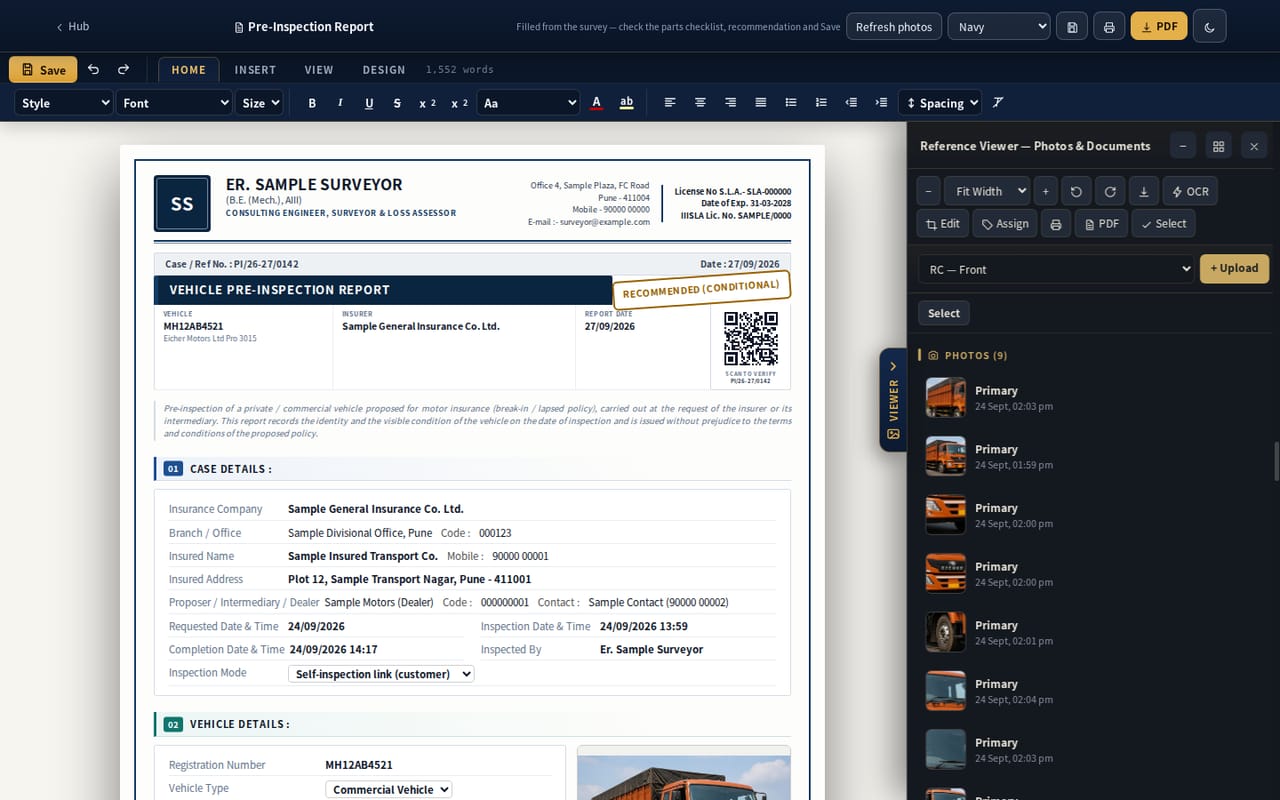 Vehicle pre-inspection report with letterhead, recommended (conditional) stamp, QR verify box and case details of a break-in inspection (sample data)