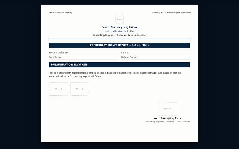 Preliminary survey report template in the template builder