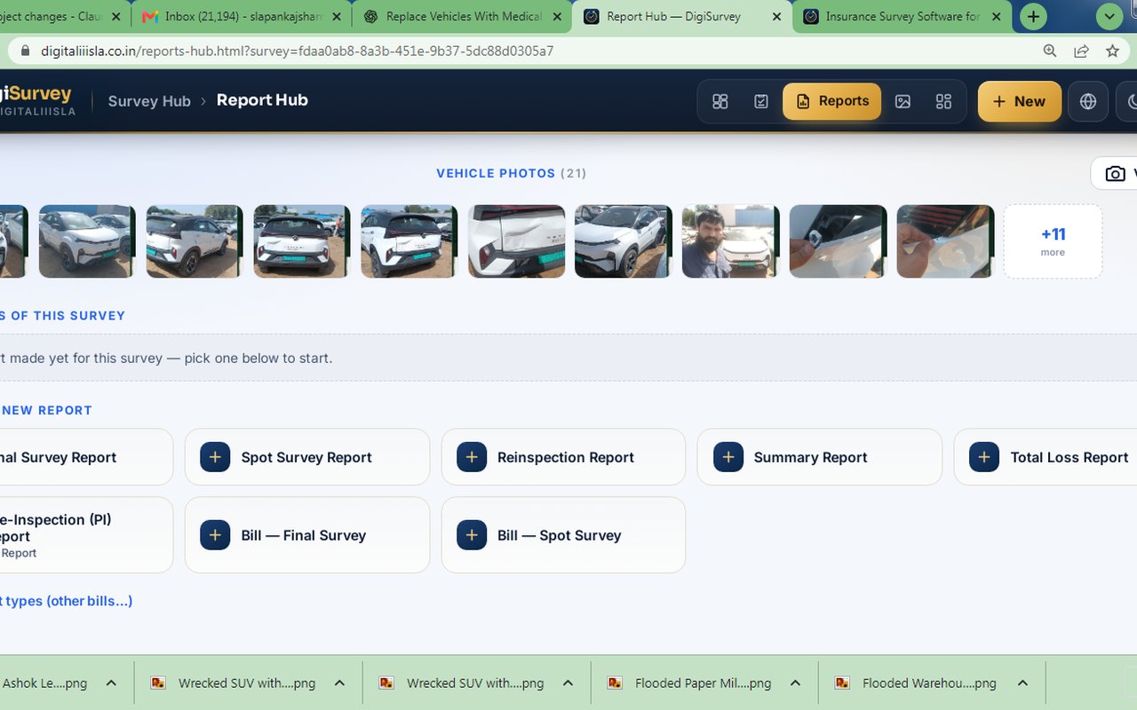 DigiSurvey Report Hub — the survey's vehicle photos and the list of report types a surveyor can generate (sample data)