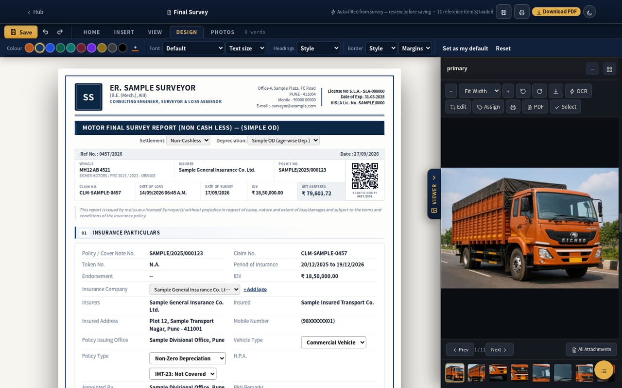 Final survey report in the Word-style editor with the DESIGN ribbon open: navy report colour on the letterhead and title bar, QR verify box, numbered section heads, and a truck photo in the reference viewer (sample data)