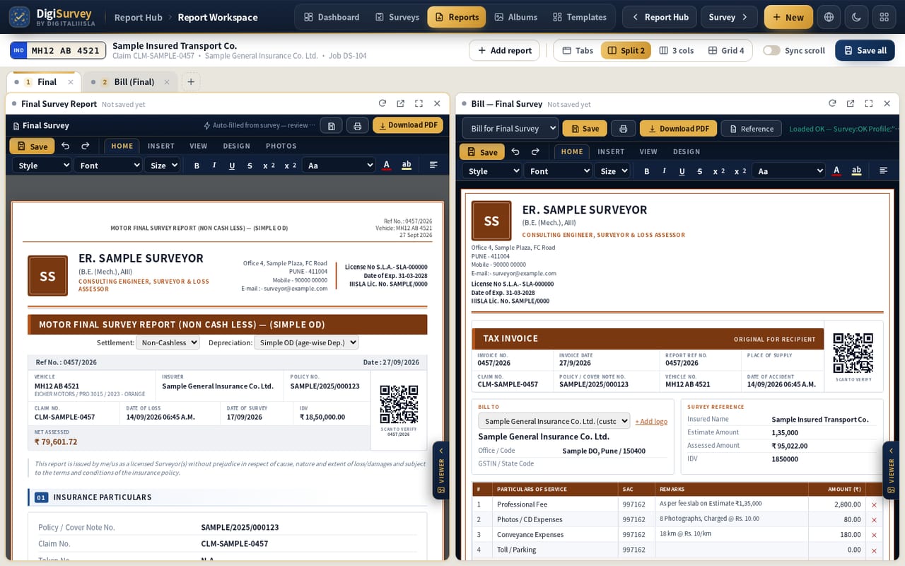 Report workspace in Split 2 view: the Final survey report and its one-page tax invoice side by side, each with its own ribbon (sample data)