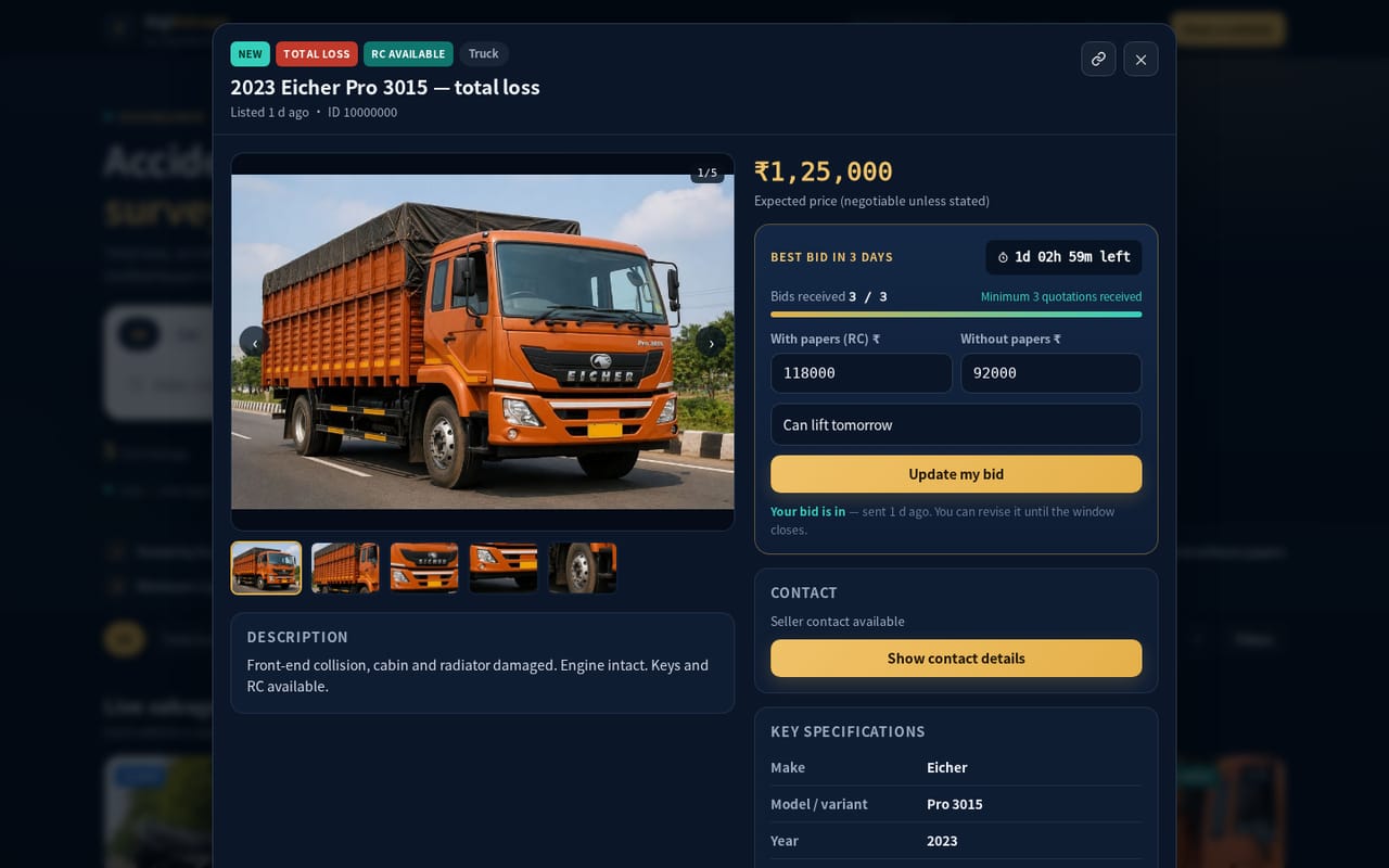 DigiSalvage listing for a total-loss truck: photo gallery, expected price, best bid in 3 days box with time left, bids received 3 of 3, bid with and without papers, contact and key specifications (sample listings)