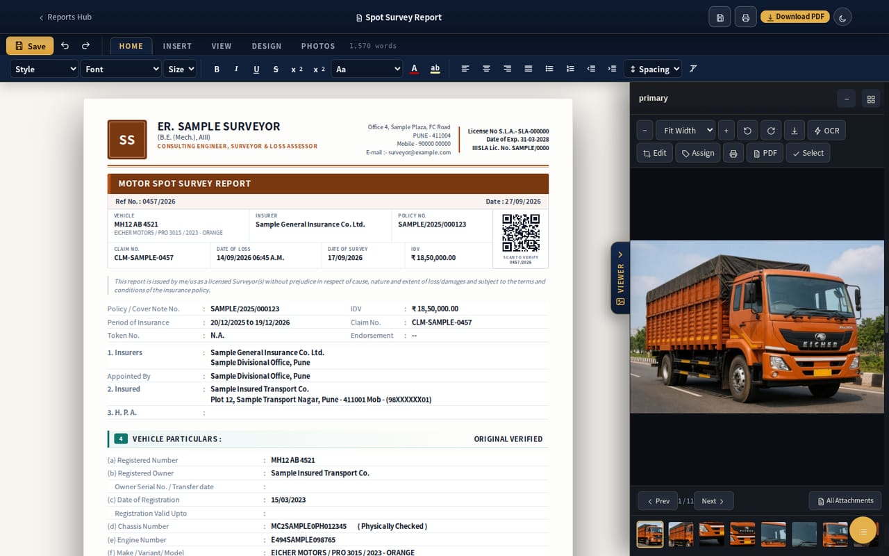 Motor spot survey report with the surveyor letterhead, QR verify box and insurance particulars, and a truck photo in the reference viewer (sample data)