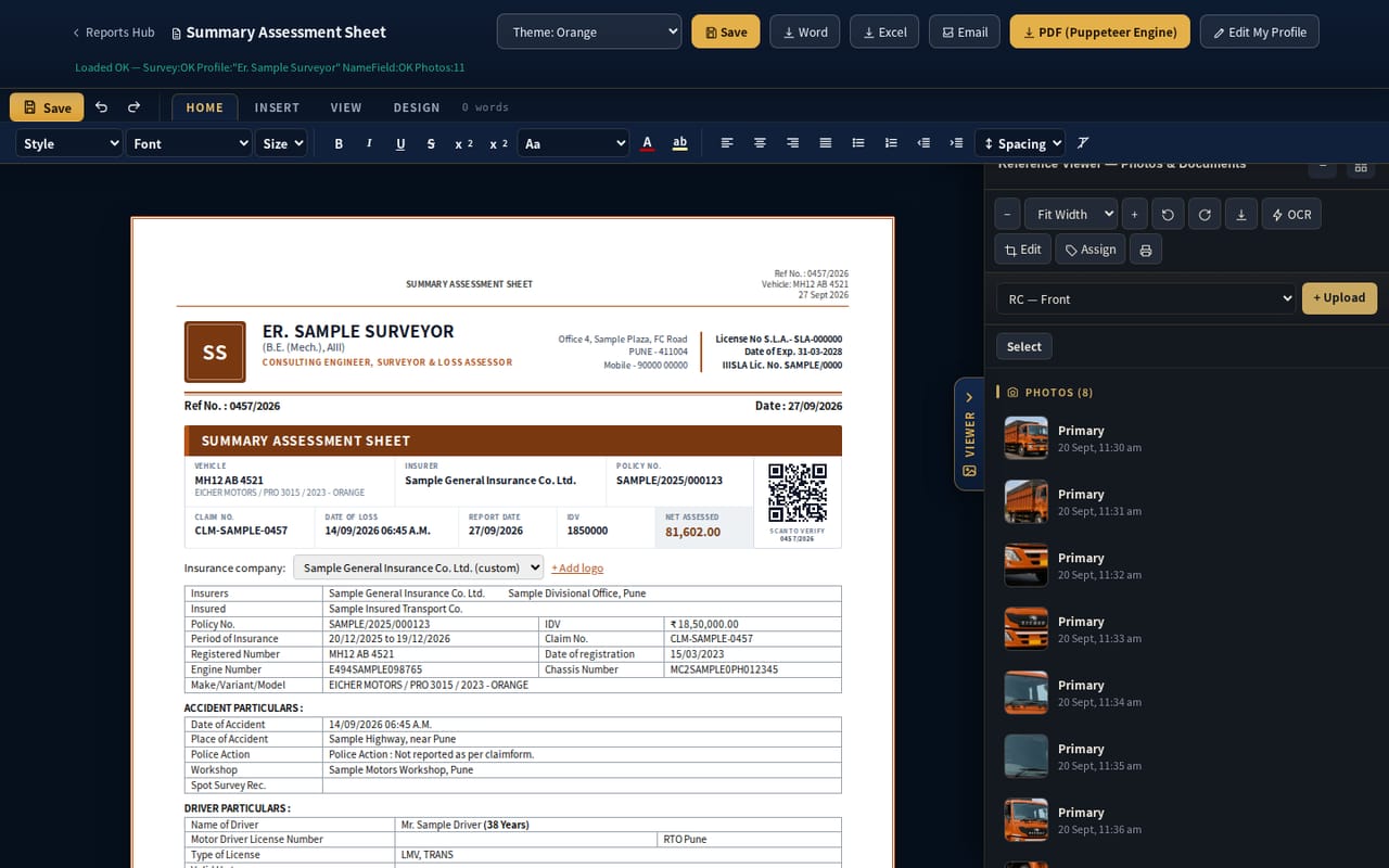 Summary assessment sheet with letterhead, QR verify strip and insurance, accident and driver particulars tables (sample data)