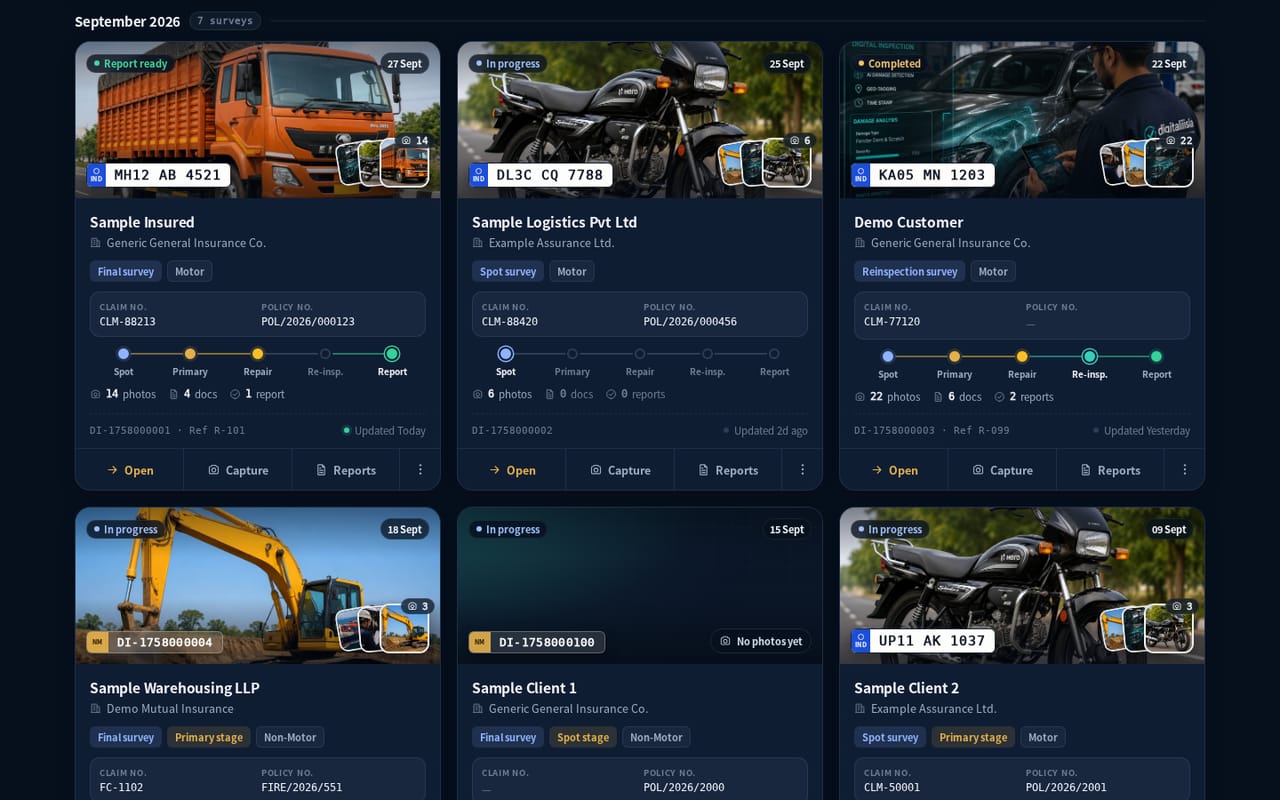 Survey Hub cards for each survey with vehicle photo, number plate, claim and policy numbers, stage progress and Reports button to open the invoice (sample data)