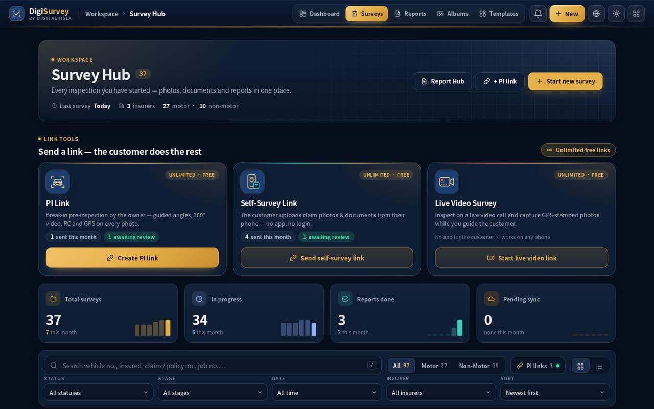 Branded Survey Hub with Link tools for PI links, self-survey links and live video surveys, sent-this-month counters and survey KPIs (sample data)
