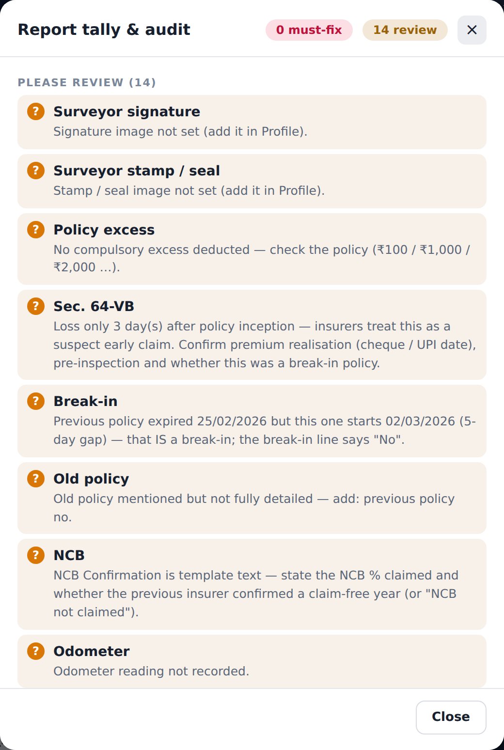 The Tally & Audit panel listing Sec. 64-VB, break-in, old policy, NCB and other findings on a final survey report
