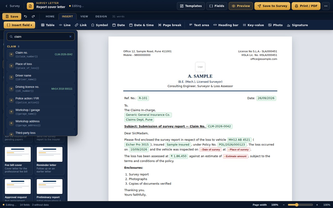 Template builder with a report cover letter whose merge fields are filled from the survey, and the Insert field picker open (sample data)