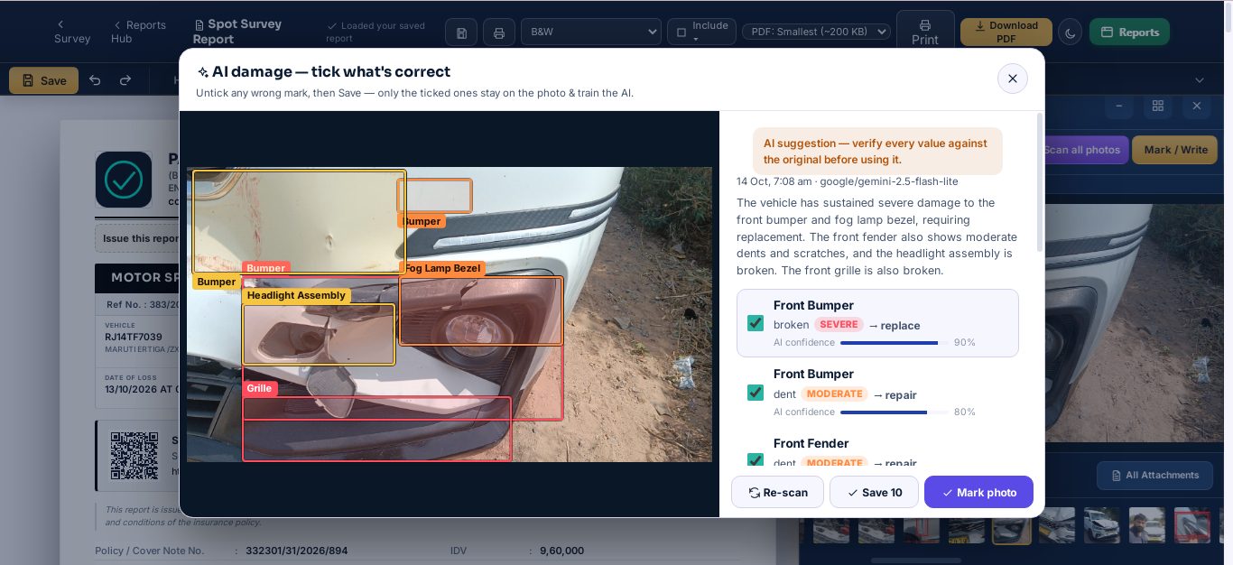 Real AI damage scan on a survey photo — the front bumper, fog lamp bezel, headlight assembly and grille each boxed with severity and a repair or replace action (sample data)
