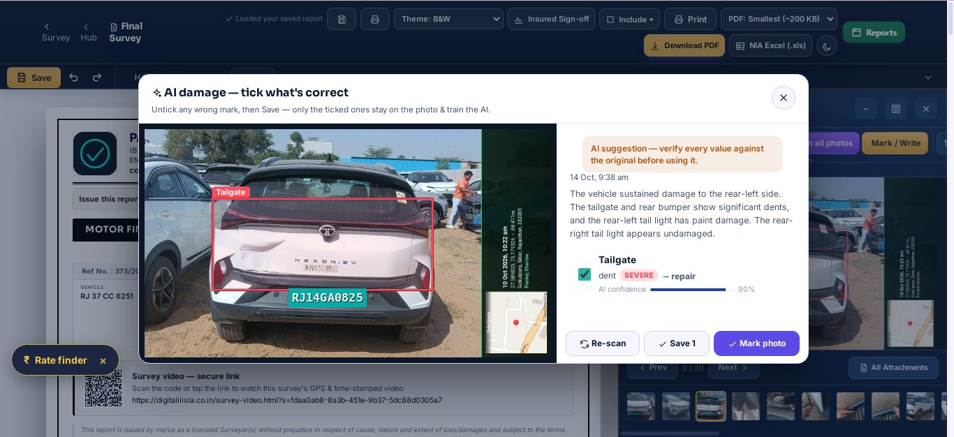 Real AI damage scan on a survey photo — the rear tailgate boxed as a severe dent needing repair at 90% AI confidence (number plate replaced with sample data)