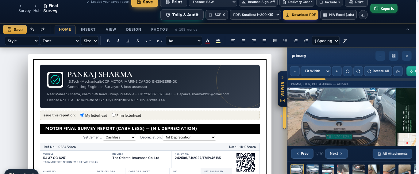 DigiSurvey Final Survey Report screen — generated report on surveyor's letterhead