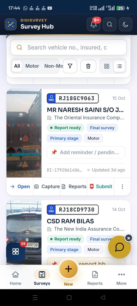 DigiSurvey mobile app — Survey Hub showing recent surveys