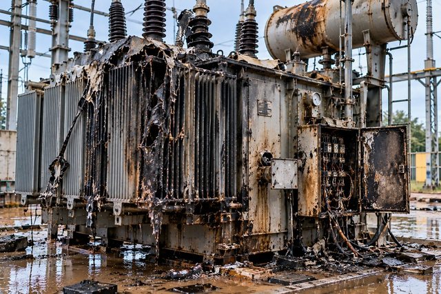 Flood- and oil-damaged power transformer at a substation — engineering loss survey