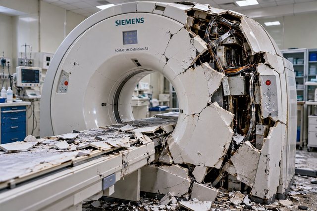 Flood-damaged Siemens CT scanner in a hospital imaging room — medical equipment survey