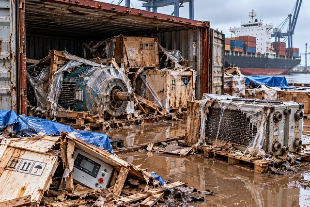 Water-damaged machinery and crates inside a shipping container — marine cargo survey