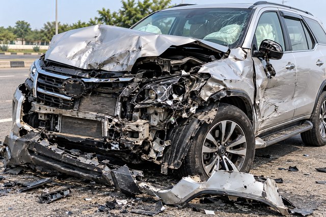 Accident-damaged SUV with a crushed front end — motor claim survey