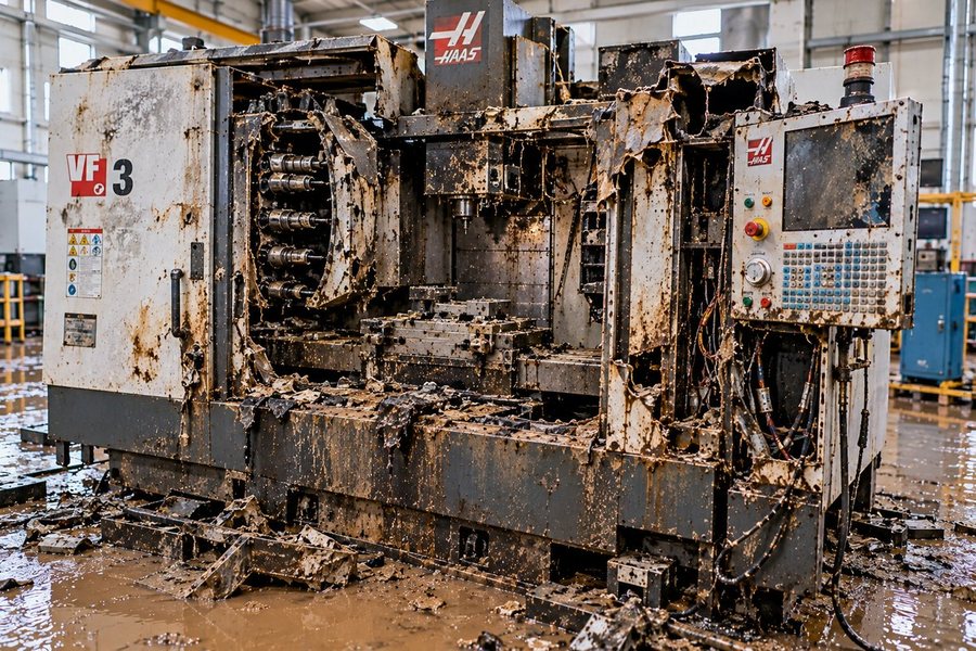 Mud-covered Haas VF-3 CNC machining centre on the shop floor