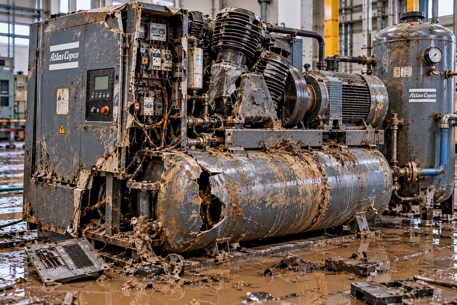 Burst air receiver on a mud-damaged Atlas Copco compressor