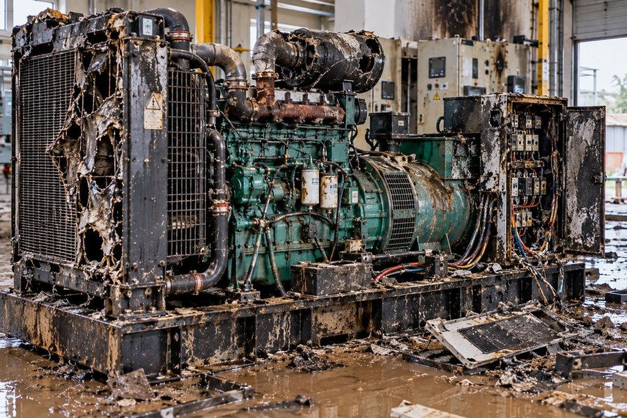 Flood-damaged diesel generating set with open control panel