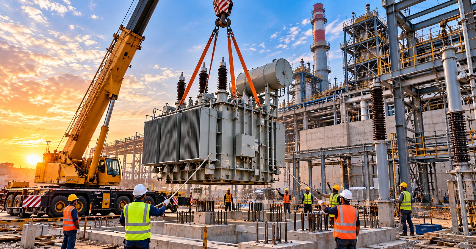 Engineering loss site — a crane lifting a power transformer during erection, captured for the survey