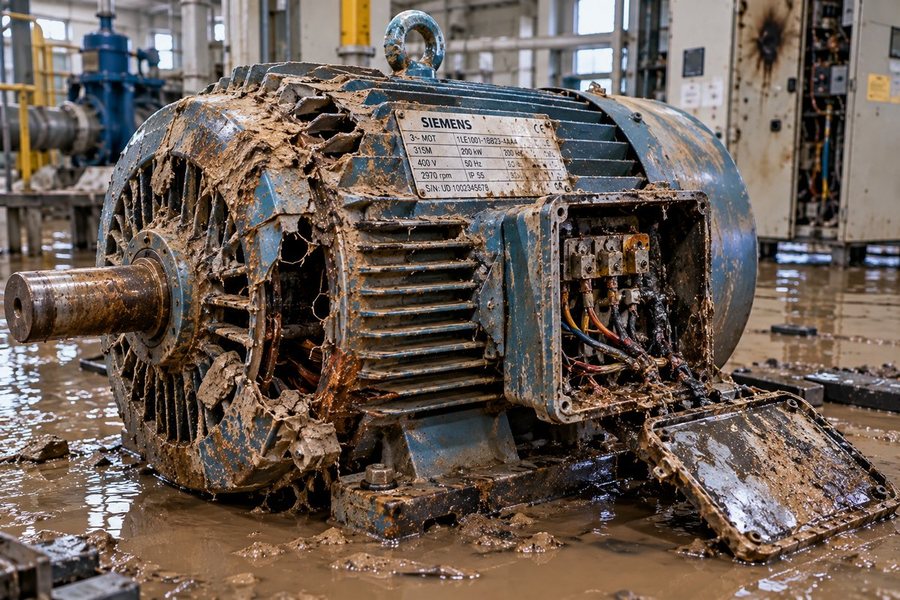 Flood-damaged Siemens motor with exposed windings and rating plate