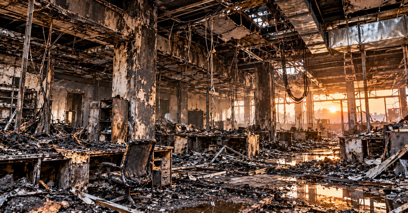 Fire loss site — a burnt-out interior gutted by fire, captured for the survey