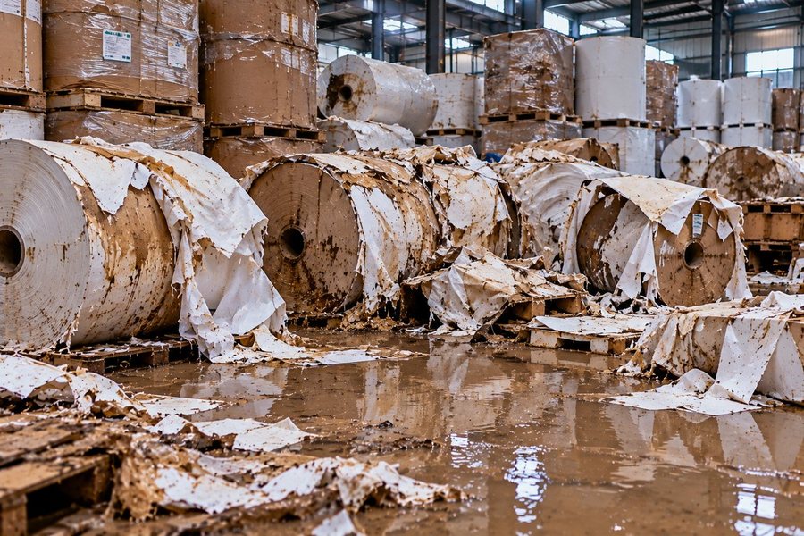 Flood-damaged paper reels on pallets in a mill warehouse