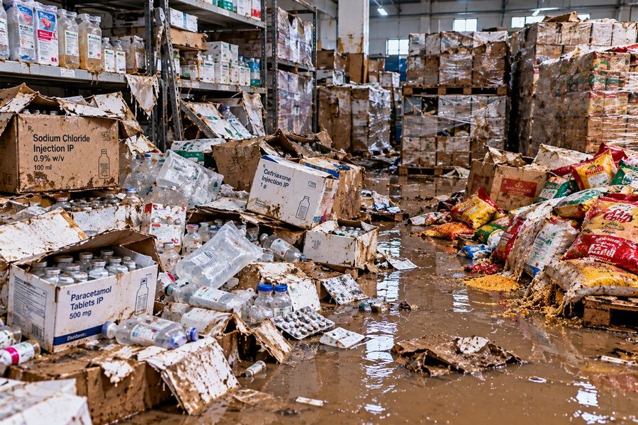 Flood-damaged pharmaceutical and FMCG stock in a warehouse