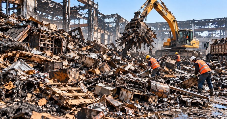 Excavator clearing burnt debris and salvage on site