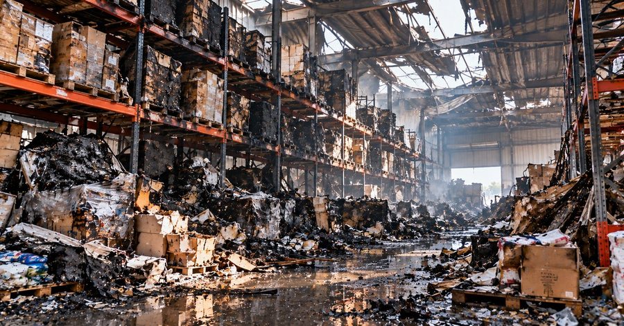 Gutted racking and fire-damaged stock in a warehouse