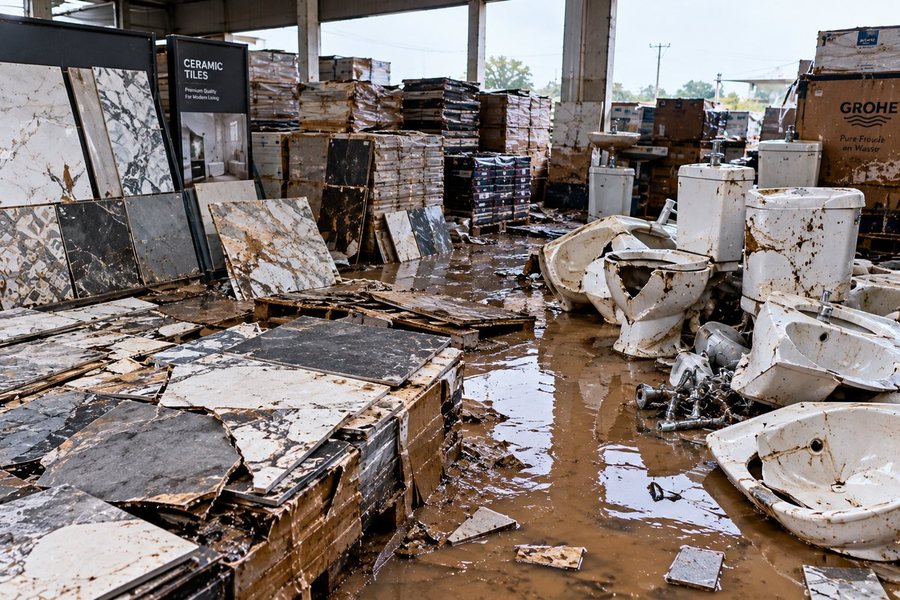 Flood-damaged ceramic tiles and sanitaryware in a godown