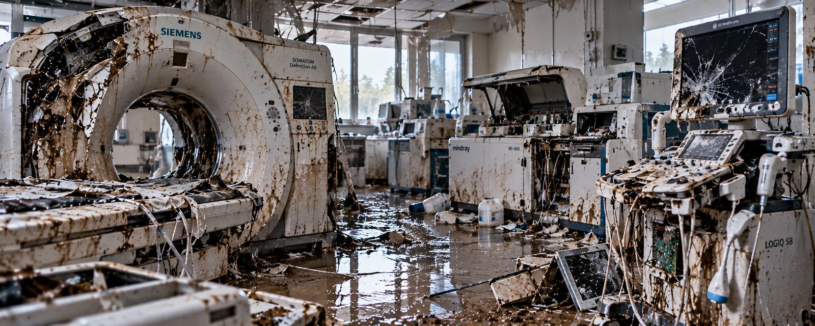 Hospital imaging room with flood-damaged CT scanner and medical equipment, captured for the survey