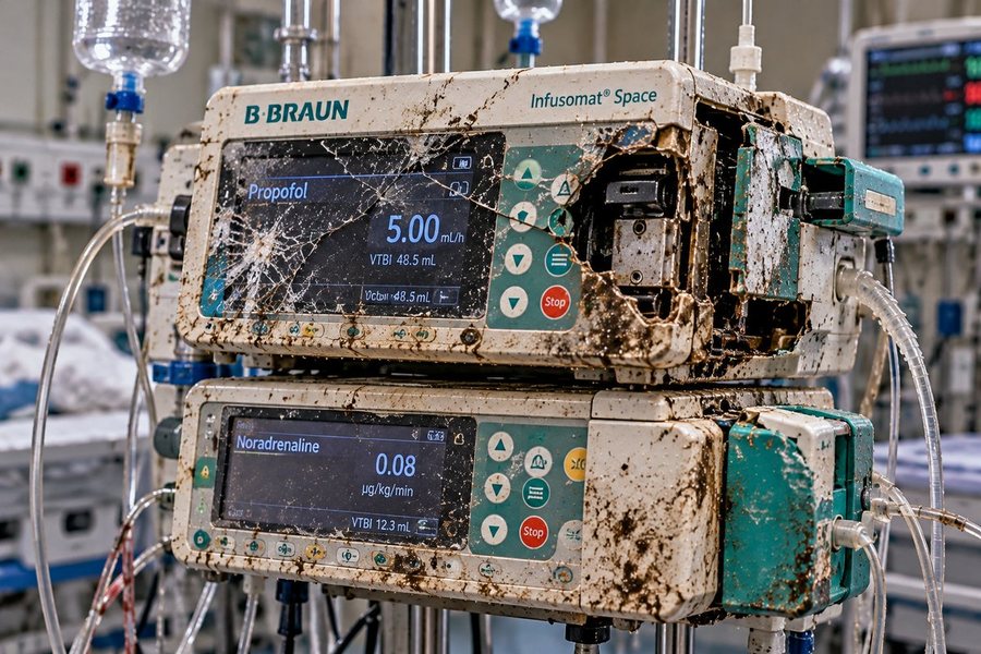 B. Braun Infusomat infusion pumps, mud-splattered