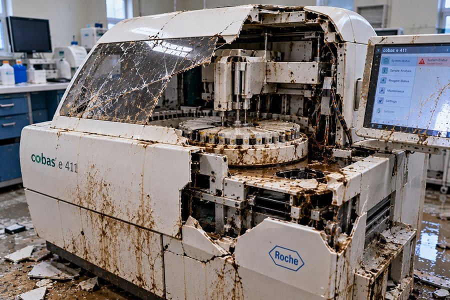 Roche cobas lab analyser with broken cover, mud-damaged