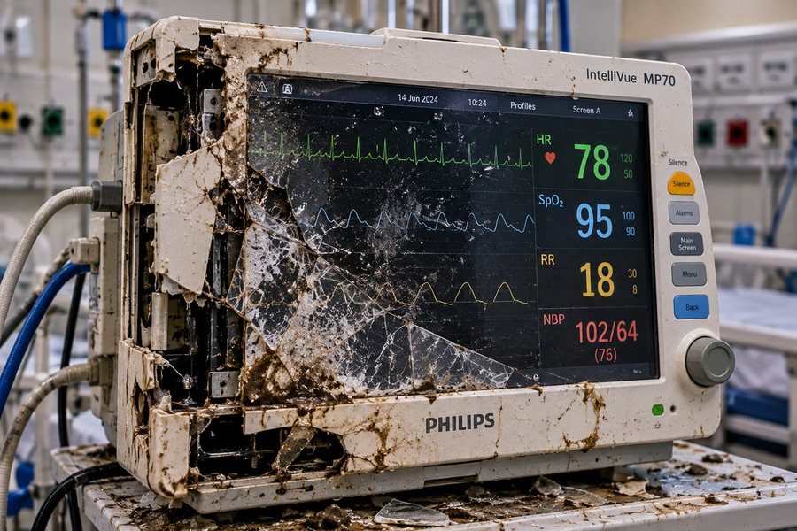 Philips IntelliVue patient monitor with shattered screen